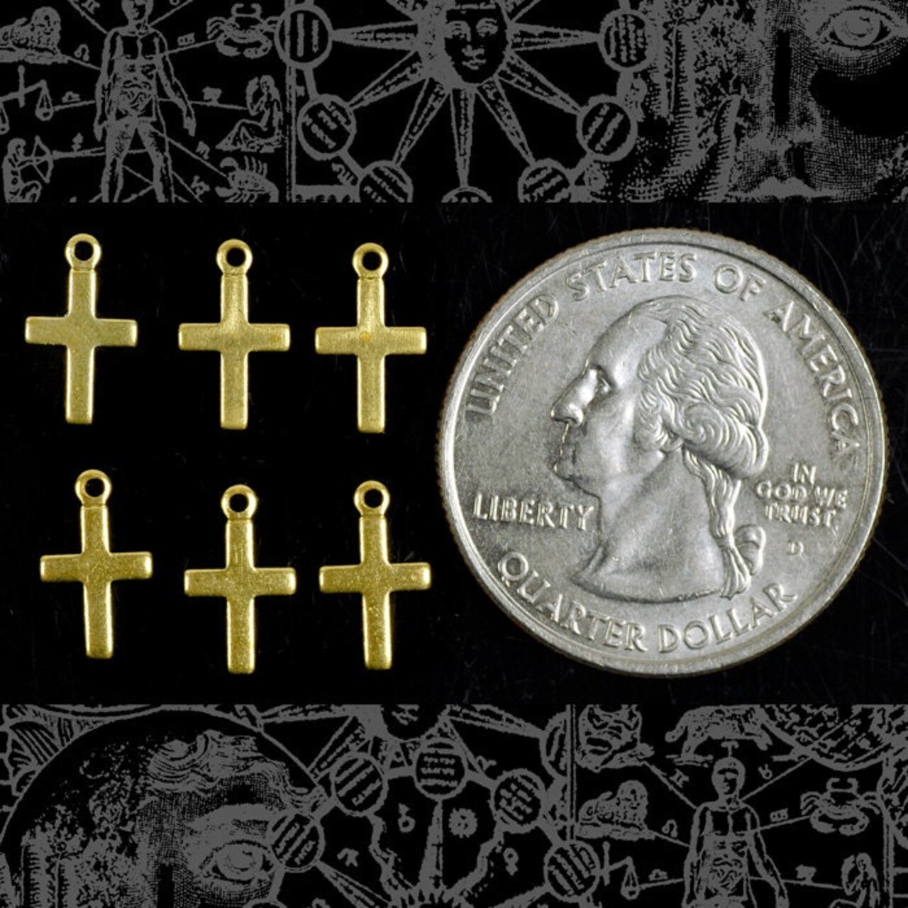 Raw Brass Miniature Christian Cross Charms - Set of Six - B-C93
